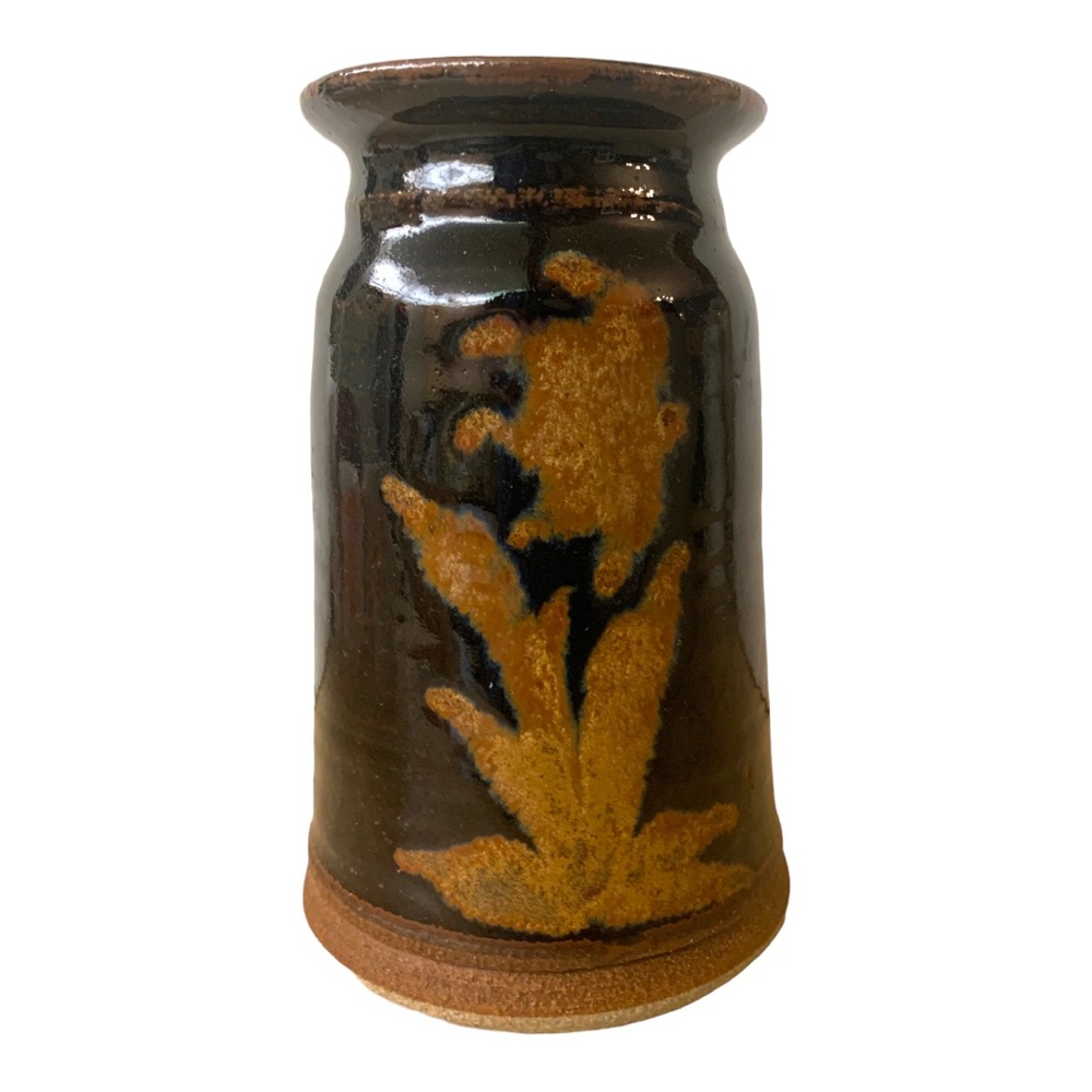 Hand Crafted Artisan Tall Stem Bohemian Pottery Vase Leaf Motif Heavy